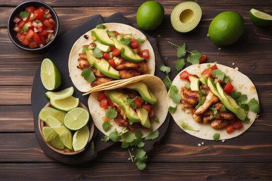 'tacos grilled chicken avocado fresh salsa sauce limes rustic wooden background top view healthy low carb fat lunch food company eting weight loss concept taco meal mexican tortilla cookery topview'