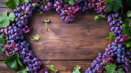 Canvas Print - Frame of fresh grapes and floral accents on a wooden background, providing ample copy space in the center.