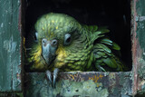 Fototapeta Kosmos - A drawing of the critically endangered Kakapo parrot in a specialized night-time enclosure, highlighting its nocturnal nature and conservation status,