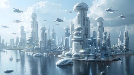 Canvas Print - Futuristic Metropolis with Airborne Electric Vehicles Symbolizing Visionary Mobility in a Minimalist Sustainable Urban Environment