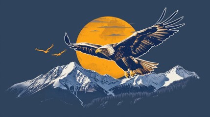 Sticker -  An eagle flies above a mountain, accompanied by a full moon Two birds precede its flight