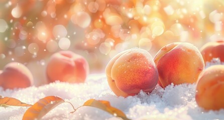 Poster -   A pile of oranges atop a pile of snow Nearby, oranges rest atop another snowpile