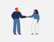 Man and woman shake hands. Business people greeting each other. Welcome gesture between colleagues. Gender Equality and partnership teamwork concept. Vector illustration