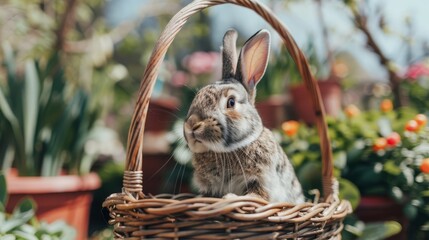   A rabbit sits in a wicker basket amidst a garden of potted plants