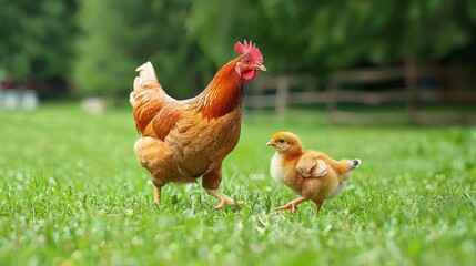 two chickens atop a lush, green grassy field one chicken perched adjacent