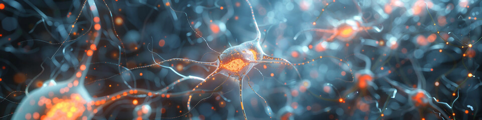 Wall Mural - Ultra-wide digital representation of neural network activity, with synapses and neurons firing across a 4:1 canvas.
