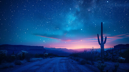Poster - A nighttime scene in the desert with a cactus silhouetted against the starry sky,