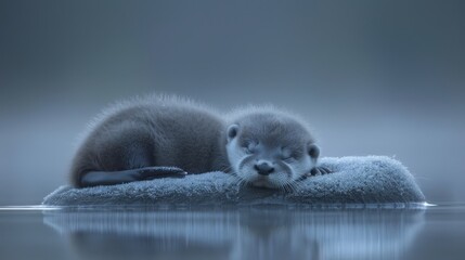 Wall Mural -   A few otters atop fluffy blankets over a tranquil body of water