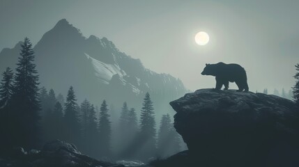 Canvas Print -   A bear atop a forest cliff, silhouetted against a full moon backdrop