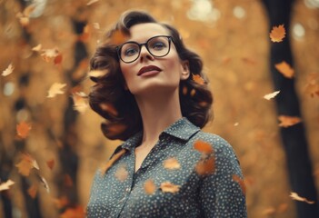 'leaves stylish beautiful embracing confidently wearing a confetti autumn blouse season stands woman