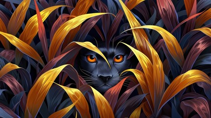 Wall Mural -   A black cat concealed among yellow and red leaves, silhouetted against a dark backdrop