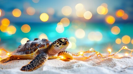 Sticker -   A tight shot of a sea turtle atop sandy shore, surrounded by a string of lights, against a softly blurred backdrop