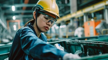 Wall Mural - Focused Asian female industrial worker inspecting machinery in a manufacturing plant.
