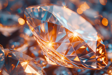 Poster - A detailed view of a diamondâ€™s facets, capturing the play of light and the crystalâ€™s fiery brilliance,