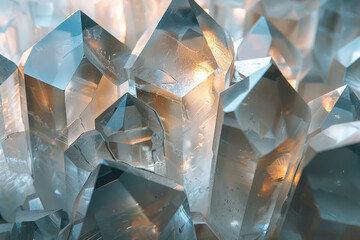 Poster - A geometric arrangement of synthetic crystals used in technology, focusing on their precision-cut shapes and optical clarity,