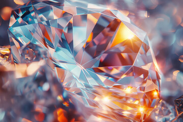 Poster - A detailed view of a diamondâ€™s facets, capturing the play of light and the crystalâ€™s fiery brilliance,