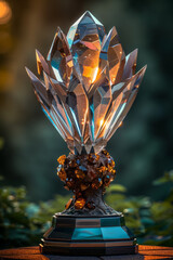Poster - A dynamic sports trophy designed with large, faux sapphire crystals, emphasizing victory and prestige,