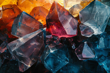 Poster - An abstract art piece featuring a collage of glass shards that mimic the random yet orderly formation of natural crystals,