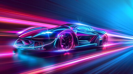 Wall Mural - vector illustration of a fast-moving sports car adorned with blue and red glowing neon lights, indic