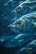 A stylized portrayal of a barracuda school, with each fish a sleek, streamlined blade cutting through water,