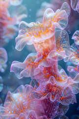Poster - A 3D collage of a marine ecosystem during a feeding frenzy, with abstract shapes representing the chaotic movement,