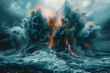 Aufkleber - A stylized underwater volcanic eruption, with abstract lava flows and ash clouds under the sea,