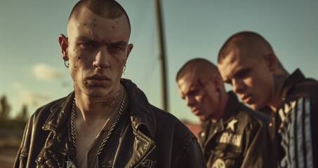 Wall Mural - Intense portrait of three young bald men with tattoos and piercings in a gritty outdoor setting.