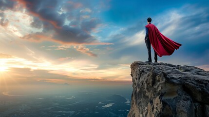 Wall Mural - Man in a red cape standing on a mountain cliff at sunset, overlooking a scenic landscape.