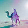 **a dune-bashing excursions in Al Dhafra on a camel. The scene is 10 years in the future, with a futuristic look and feel, detailed, bright, muted colourful gradient blue, green, purple and pink palet