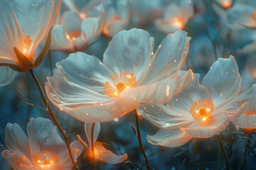 Aufkleber - A flower garden where each petal is made of a translucent material that glows with internal light,