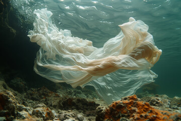 Aufkleber - An underwater scene where the water is crystal clear but behaves like flowing silk, wrapping around everything it touches,