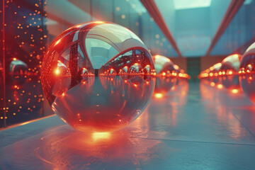 Aufkleber - A series of floating orbs made of a material that mirrors their surroundings but distorts them like a funhouse mirror,