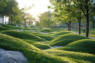Aufkleber - A futuristic city park where the grass is a soft rubber material that cushions and bounces,