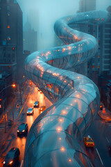 Aufkleber - A bridge made of a transparent, flexible material that undulates like a ribbon as cars pass over,