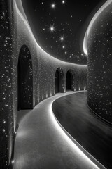 Aufkleber - A corridor lined with a material that reflects sound in visible waves, allowing visitors to see their voices as they speak,