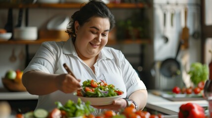 Poster - Cheerful fat woman preparing a fresh vegetable salad in a bright kitchen setting.