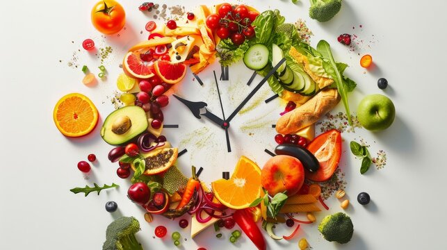 Conceptual image of a food clock with fresh ingredients. Healthy eating and time concept