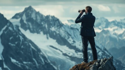 Poster - Businessman in suit standing on a mountain peak using binoculars to look into the distance.