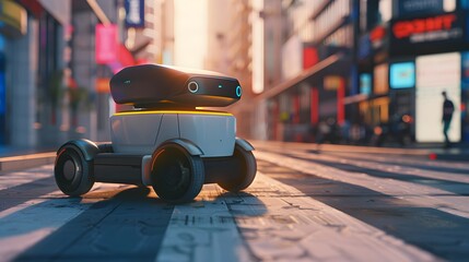 Sticker - innovation of autonomous delivery robots with a photo of a robotic delivery vehicle navigating through city streets, delivering parcels with precision and efficiency.