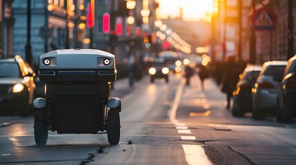 Wall Mural - innovation of autonomous delivery robots with a photo of a robotic delivery vehicle navigating through city streets, delivering parcels with precision and efficiency.