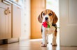 © Olga - Funny beagle puppy with a flower in his teeth in a modern apartment