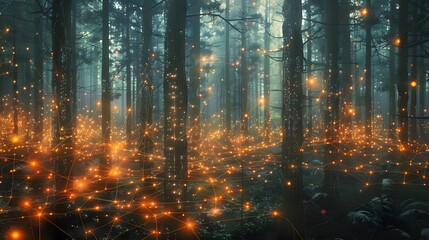 potential of AI in environmental monitoring with a realistic photograph of a network of embedded sensors in a forest, illustrating how AI algorithms analyze data to detect and prevent wildfires.