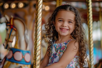 Merry-Go-Round Bliss: Happy Young Girl Radiates Excitement