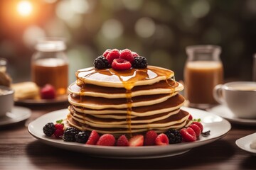 'pancakes battercake food dessert breakfast stack sirup fresh plate berry meal fruit delicious sweet maple chocolate raspberry homemade blueberry gold background day bakery sauce children nourishment'