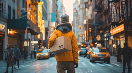 reliability of courier services with a picture of a delivery person carrying a package through a bustling city street, ensuring timely delivery to its destination.