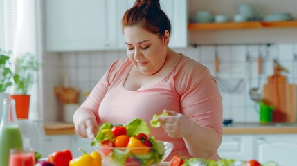 Sticker - A cheerful fat woman preparing a colorful salad in a bright kitchen setting.