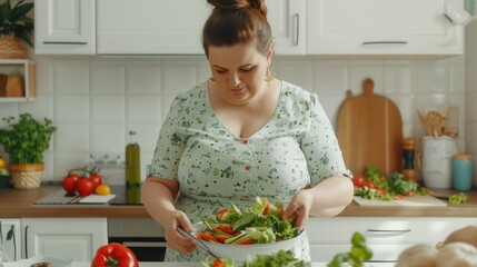 Poster - A woman prepares a fresh vegetable salad in a bright kitchen setting.