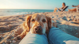 Fototapeta Na ścianę - Dog playing and looking at owner face while lying on owner leg at sea beach with blue sea and sky background.