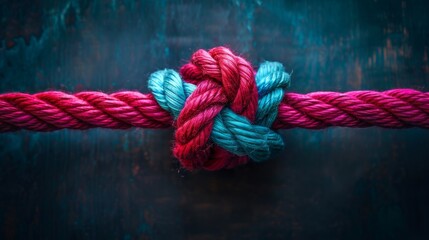 Wall Mural - A red rope with two colorful loose ends tied together in the center, symbolizing strength and unity on a dark background. The central knot is made of thick pink yarn that contrasts against the darker