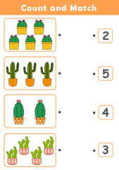 Wall Mural - Counting educational children game. Math kids activity sheet. How many counting game with cute cactus illustration.